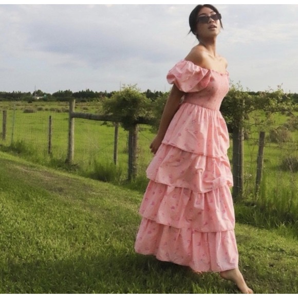 Love Shack Fancy Target Simone Dress Pink Floral Smocked Tiered Maxi Dress Sz S - Picture 2 of 9